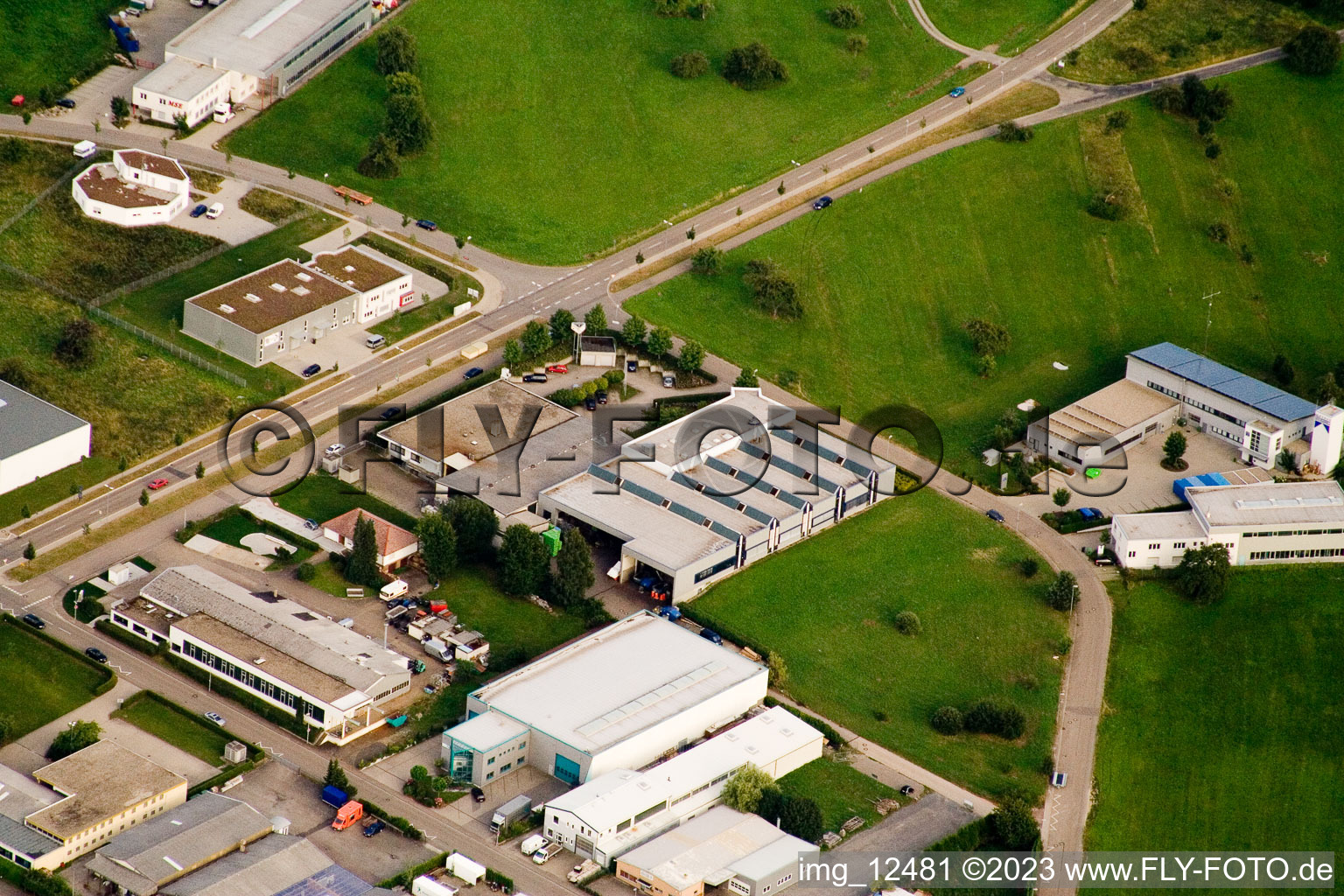 Aerial photograpy of Ittersbach, industrial area in the district Im Stockmädle in Karlsbad in the state Baden-Wuerttemberg, Germany