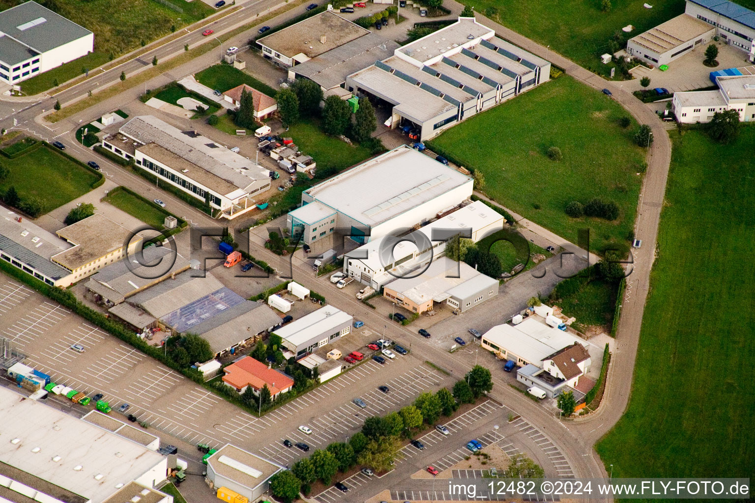 Oblique view of Ittersbach, industrial area in the district Im Stockmädle in Karlsbad in the state Baden-Wuerttemberg, Germany