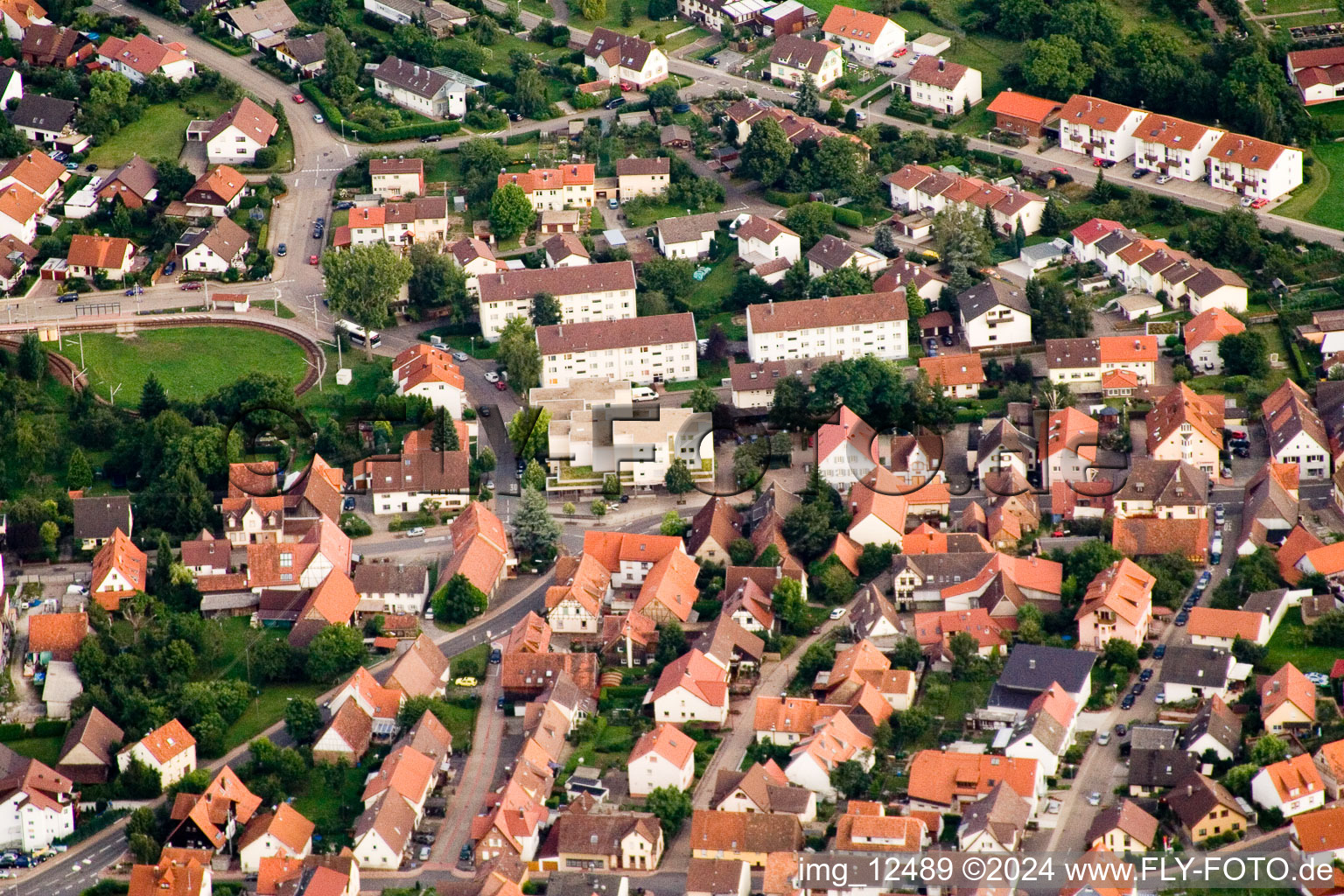 Aerial view of Fountain Pharmacy in the district Ittersbach in Karlsbad in the state Baden-Wuerttemberg, Germany