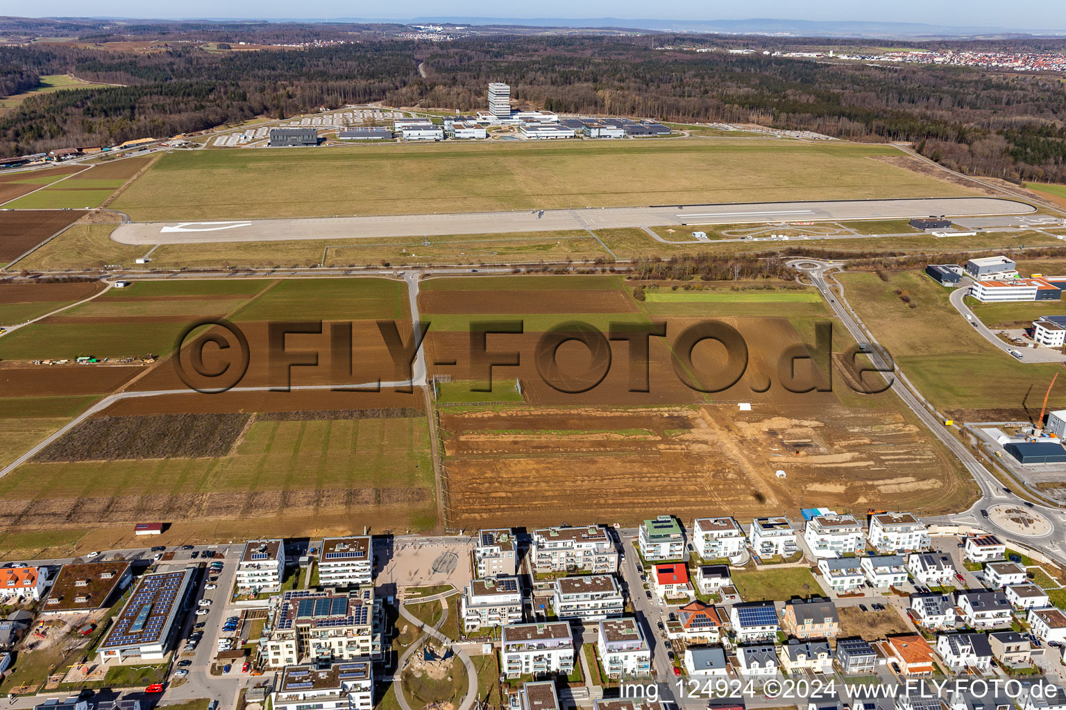 Aerial view of Robert Bosch GmbH Center for Research at the Airport Malmsheim in the district Malmsheim in Renningen in the state Baden-Wuerttemberg, Germany