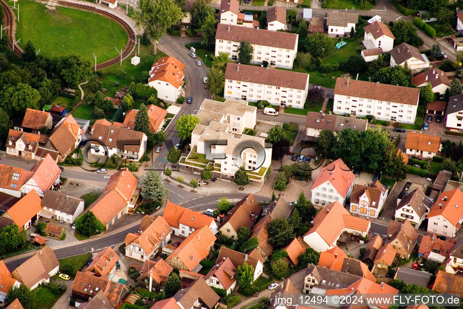 Fountain Pharmacy in the district Ittersbach in Karlsbad in the state Baden-Wuerttemberg, Germany from above