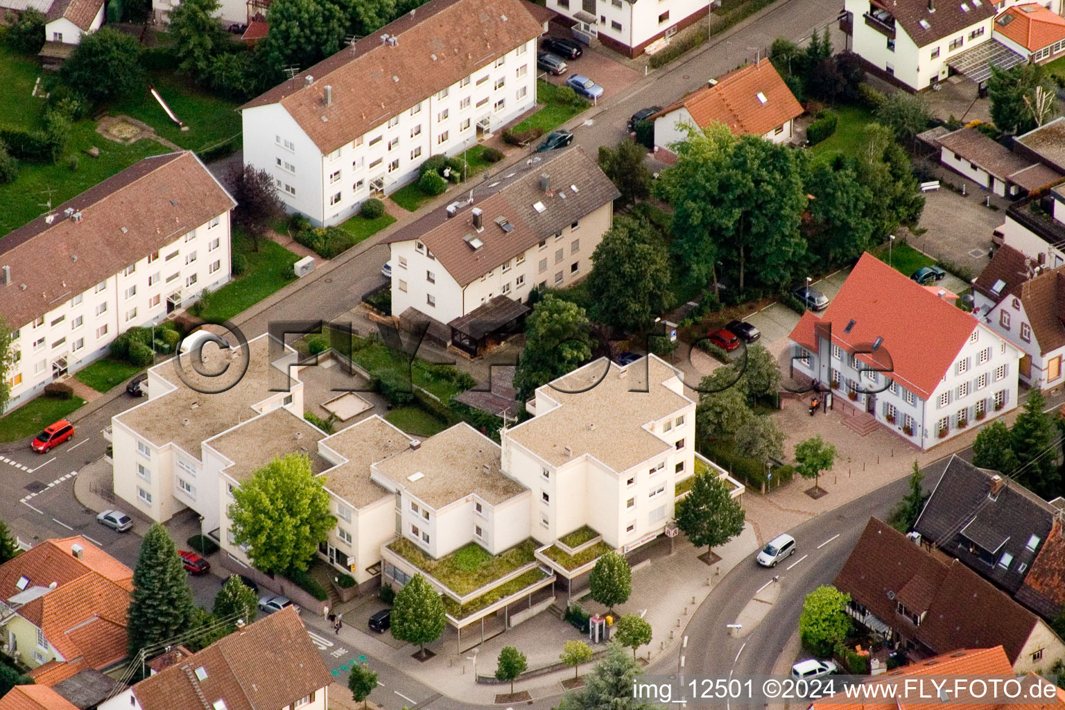 Fountain Pharmacy in the district Ittersbach in Karlsbad in the state Baden-Wuerttemberg, Germany seen from above