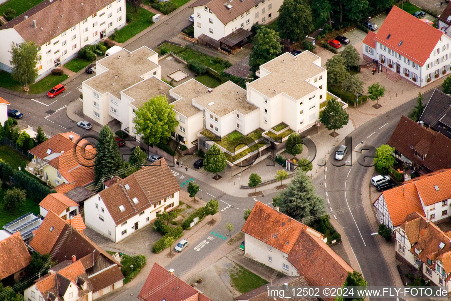 Fountain Pharmacy in the district Ittersbach in Karlsbad in the state Baden-Wuerttemberg, Germany from the plane