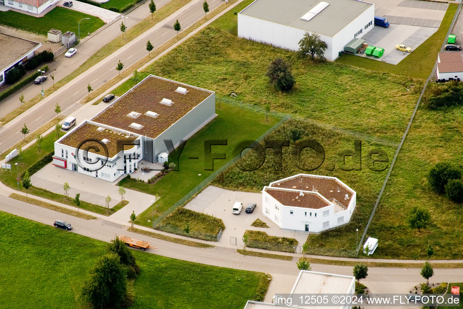 Bird's eye view of Ittersbach, industrial area in the district Im Stockmädle in Karlsbad in the state Baden-Wuerttemberg, Germany