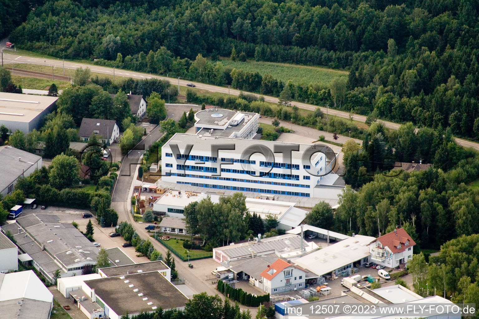 Drone recording of Ittersbach, industrial area in the district Im Stockmädle in Karlsbad in the state Baden-Wuerttemberg, Germany