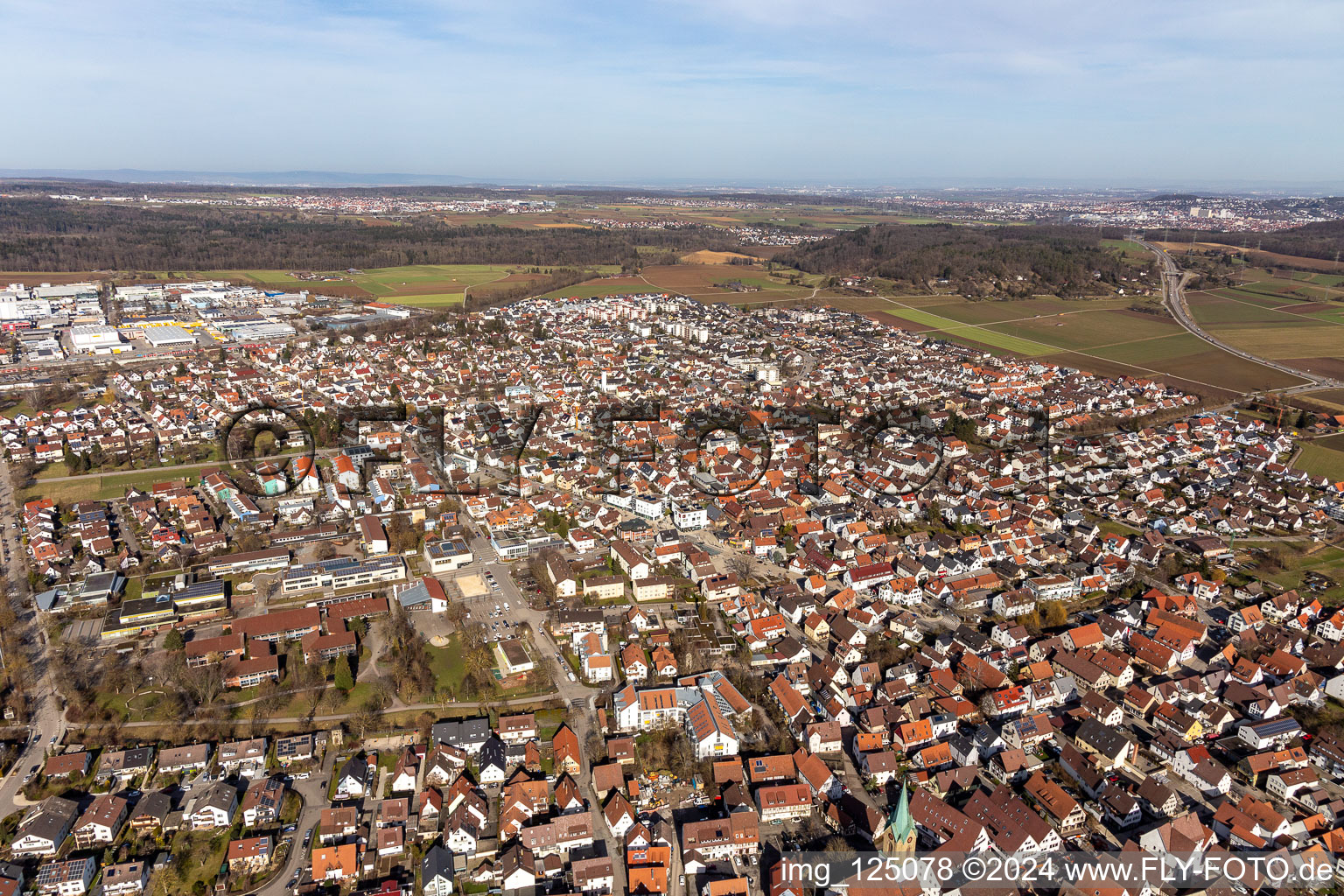 Bird's eye view of Renningen in the state Baden-Wuerttemberg, Germany