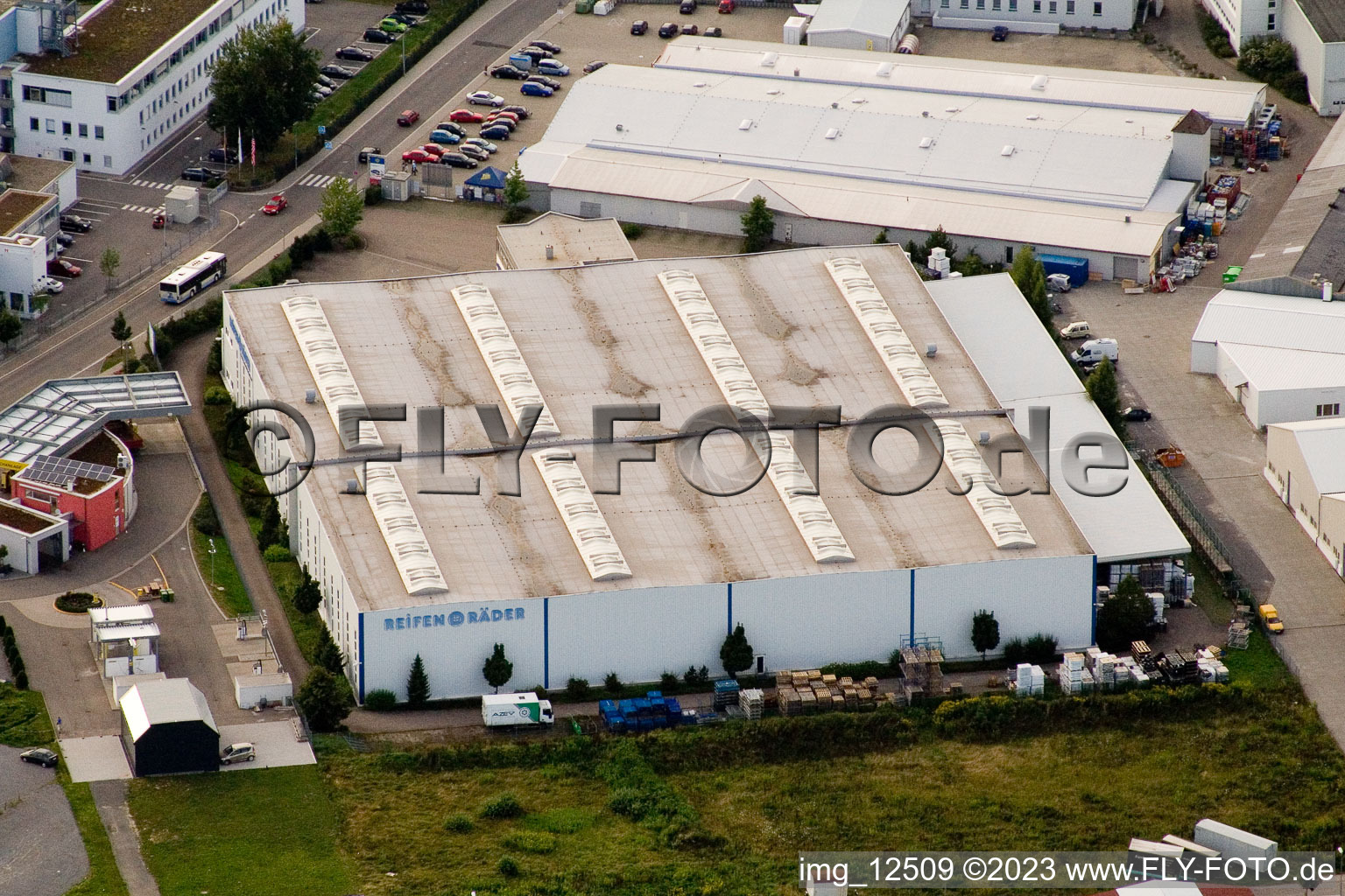 Aerial view of Tires wheels in the district Im Stockmädle in Karlsbad in the state Baden-Wuerttemberg, Germany