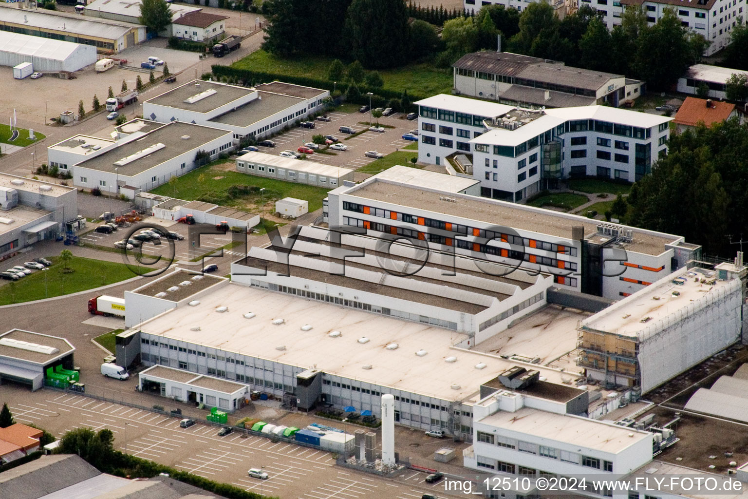 Drone image of Ittersbach, industrial area in the district Im Stockmädle in Karlsbad in the state Baden-Wuerttemberg, Germany