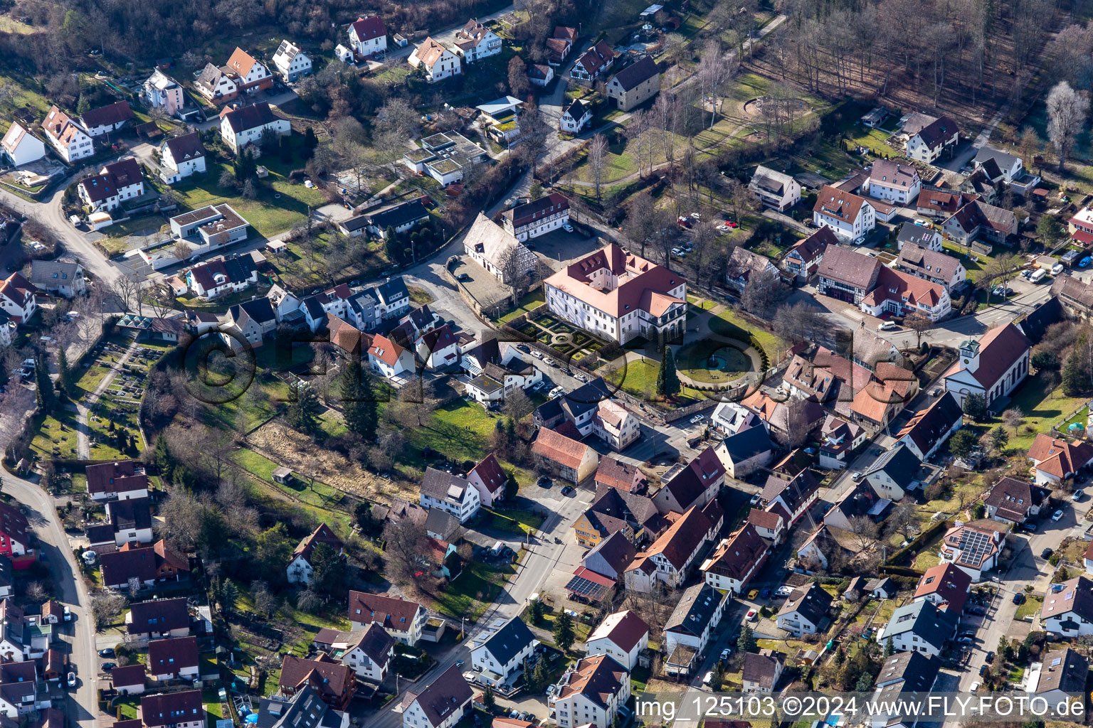 Aerial view of Castle Dätzingen in the district Dätzingen in Grafenau in the state Baden-Wuerttemberg, Germany