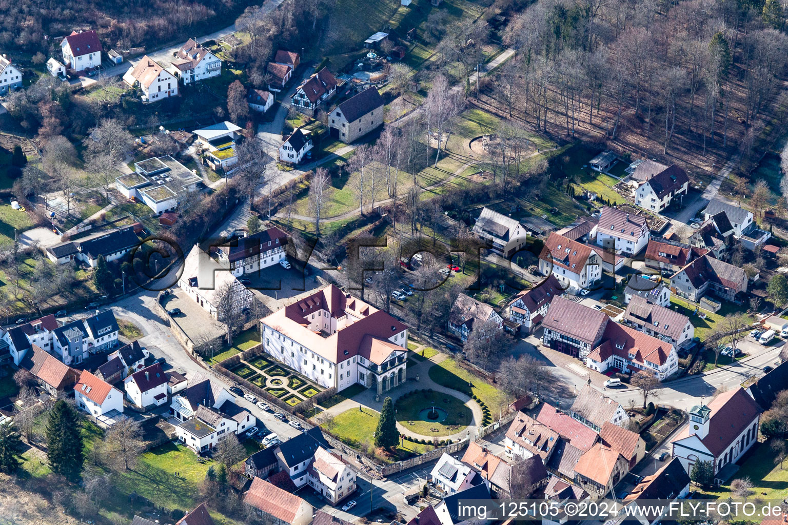 Aerial photograpy of Castle Dätzingen in the district Dätzingen in Grafenau in the state Baden-Wuerttemberg, Germany