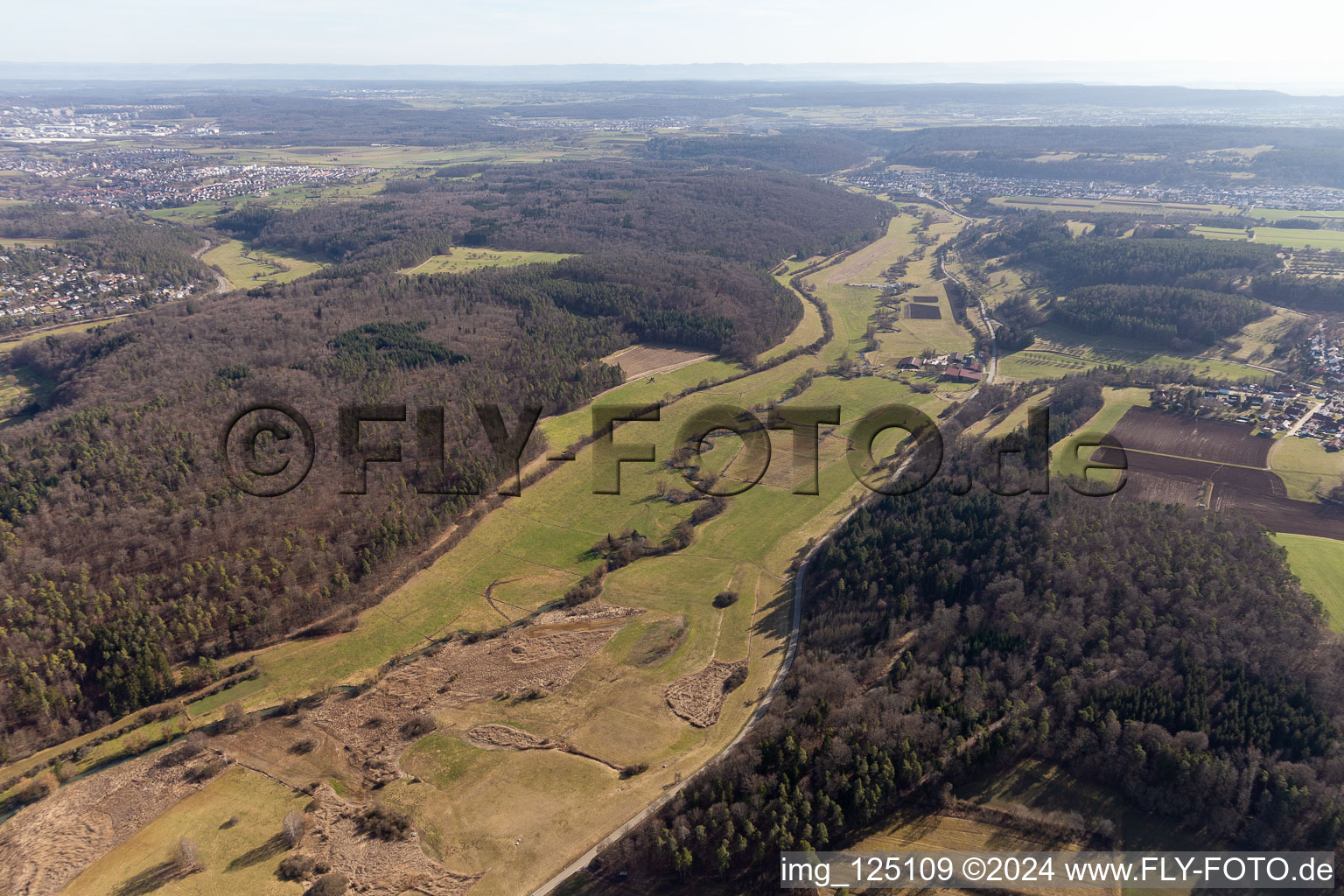 Aerial view of Würm Valley in the district Lehenweiler in Aidlingen in the state Baden-Wuerttemberg, Germany