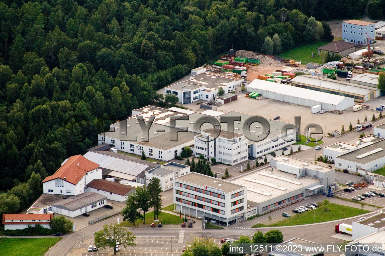Ittersbach, industrial area in the district Im Stockmädle in Karlsbad in the state Baden-Wuerttemberg, Germany from the drone perspective