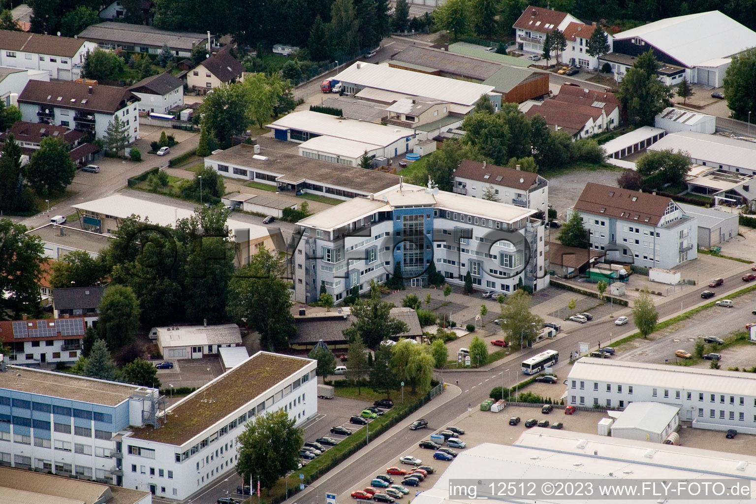 Ittersbach, industrial area in the district Im Stockmädle in Karlsbad in the state Baden-Wuerttemberg, Germany from a drone