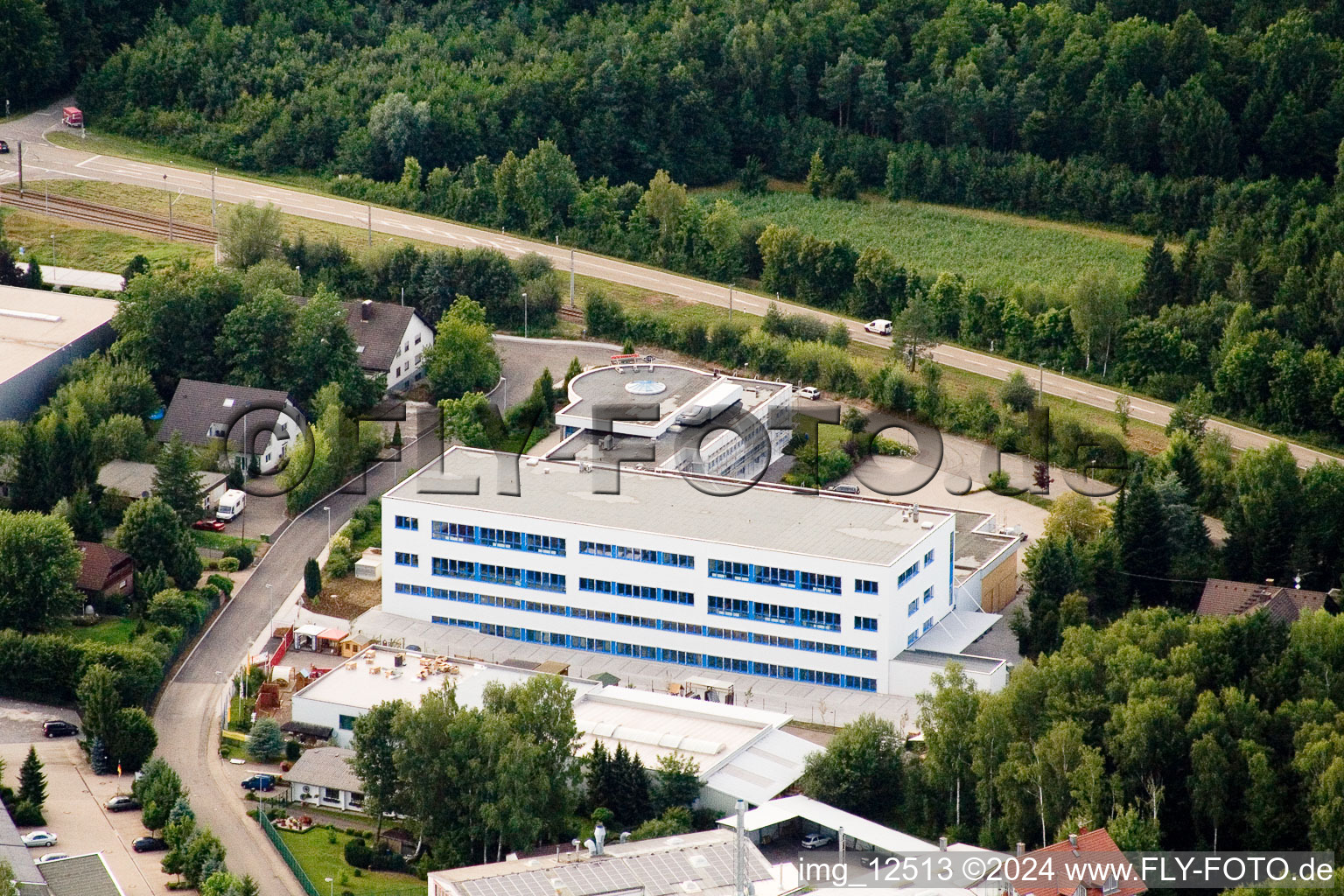 Ittersbach, industrial area in the district Im Stockmädle in Karlsbad in the state Baden-Wuerttemberg, Germany seen from a drone