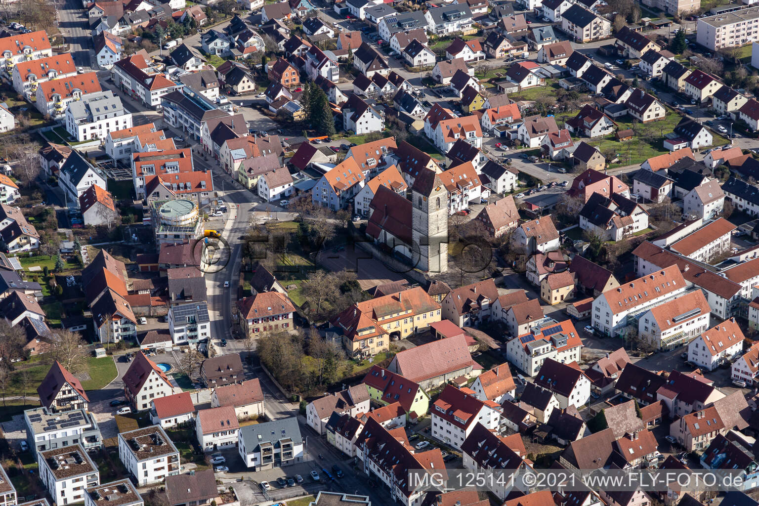 Aerial view of St. Vitus Church in Gärtringen in the state Baden-Wuerttemberg, Germany