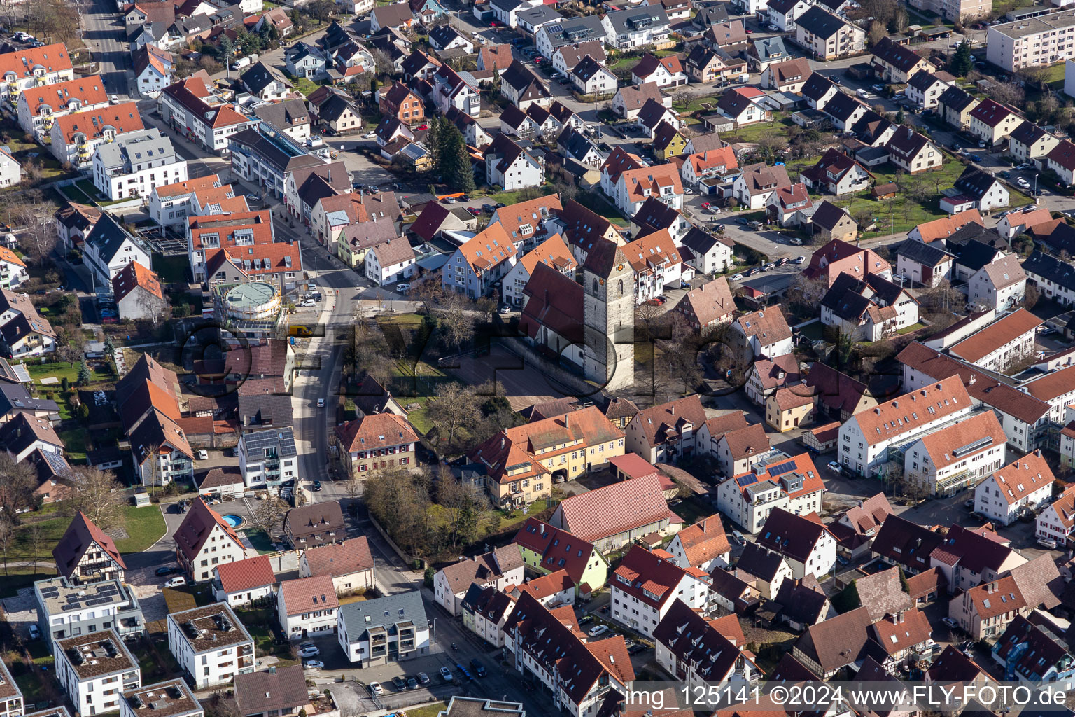 Aerial view of St. Veit Church in Gärtringen in the state Baden-Wuerttemberg, Germany