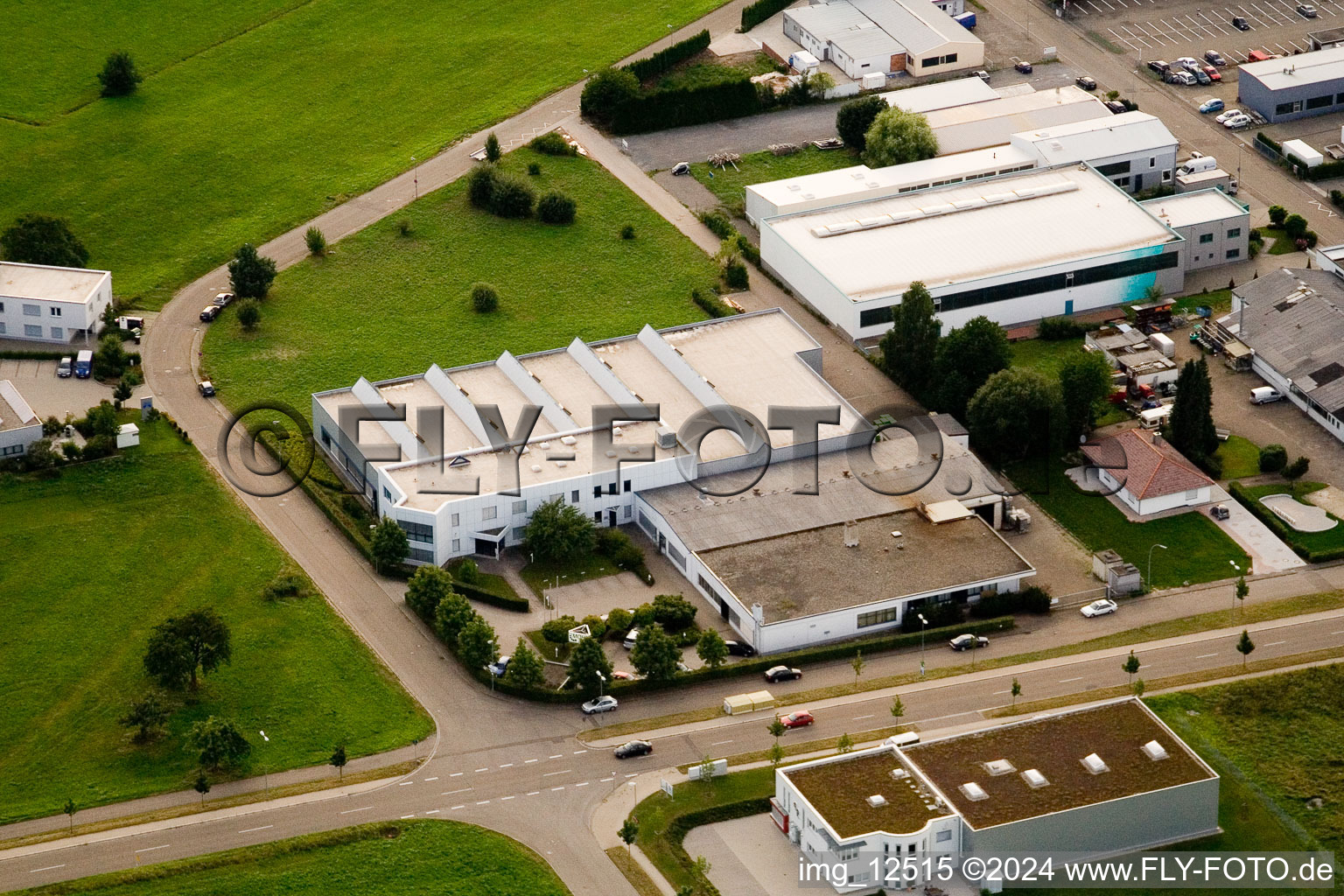 Aerial view of Ittersbach, industrial area in the district Im Stockmädle in Karlsbad in the state Baden-Wuerttemberg, Germany