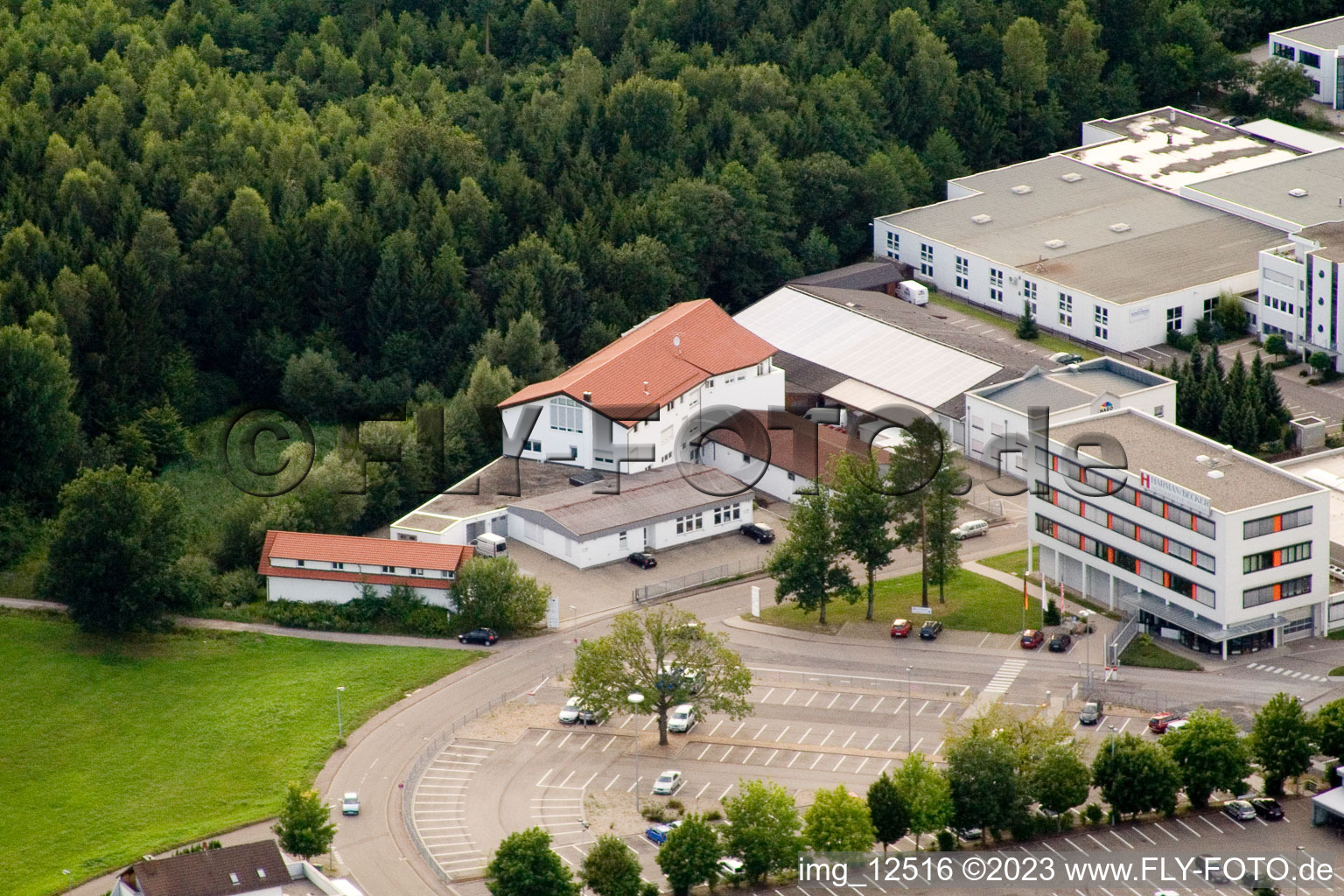 Aerial photograpy of Ittersbach, industrial area in the district Im Stockmädle in Karlsbad in the state Baden-Wuerttemberg, Germany