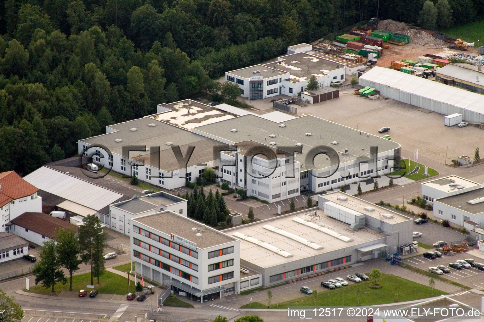 Oblique view of Ittersbach, industrial area in the district Im Stockmädle in Karlsbad in the state Baden-Wuerttemberg, Germany