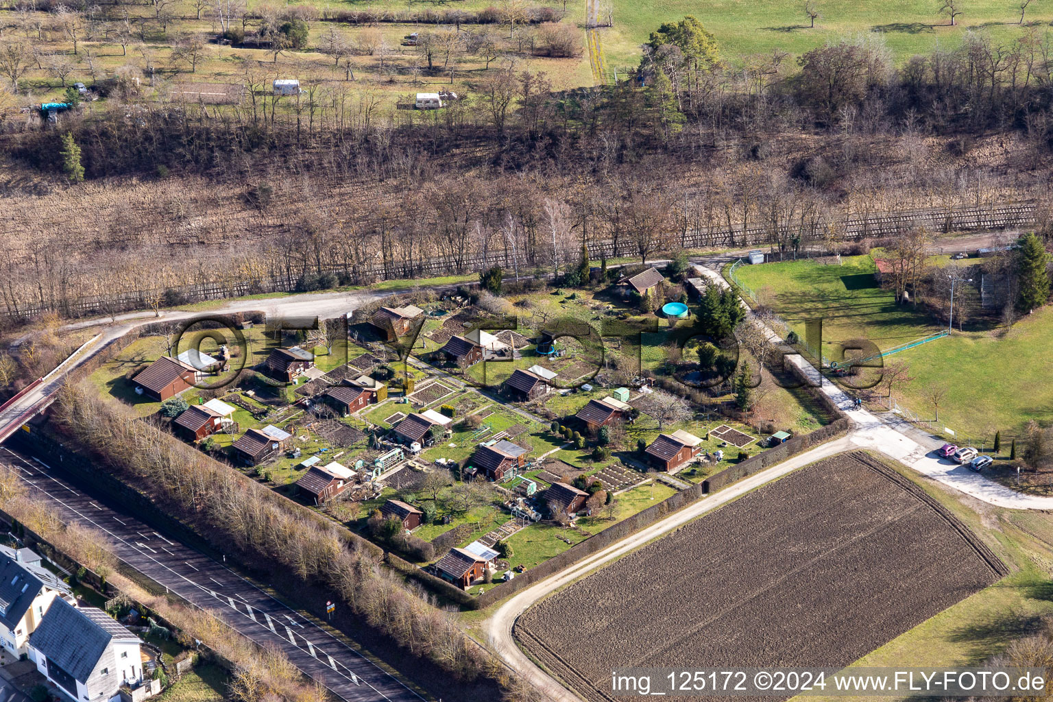 Aerial view of Allotment settlement in Nufringen in the state Baden-Wuerttemberg, Germany