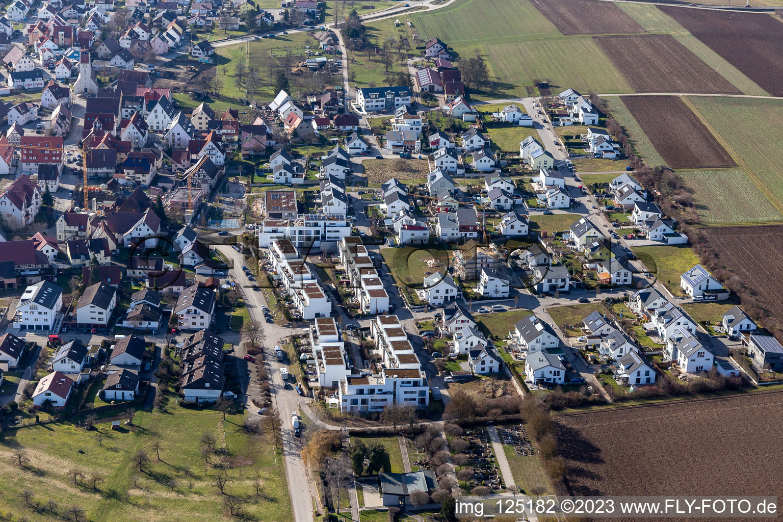 Aerial view of New development area Auf dem Bühl in the district Affstätt in Herrenberg in the state Baden-Wuerttemberg, Germany
