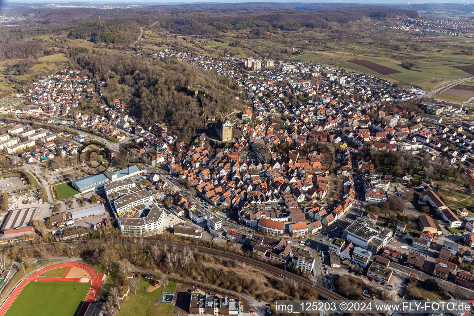 Aerial view of Historic old town from the west in Herrenberg in the state Baden-Wuerttemberg, Germany