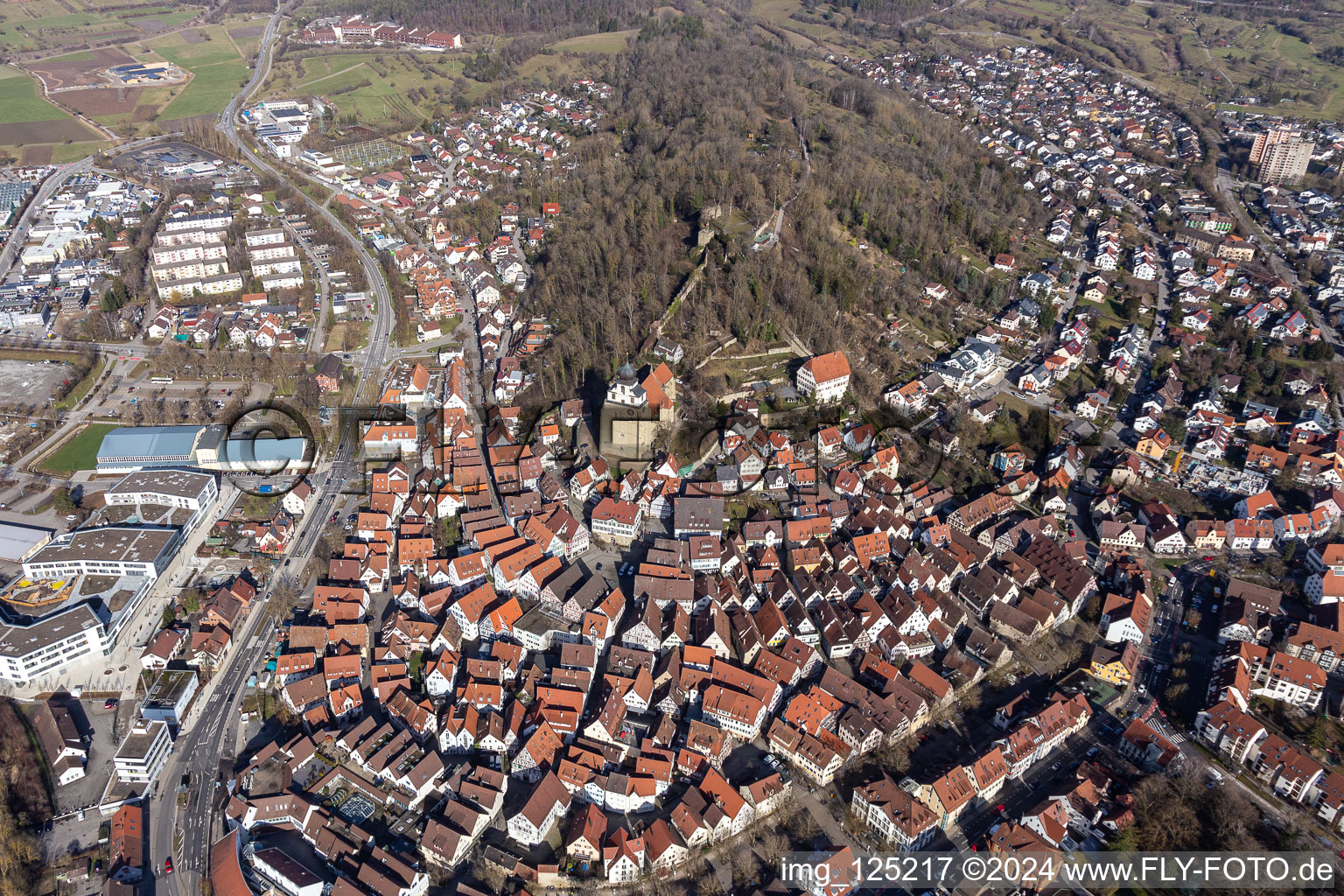 City overview from the southwest in Herrenberg in the state Baden-Wuerttemberg, Germany