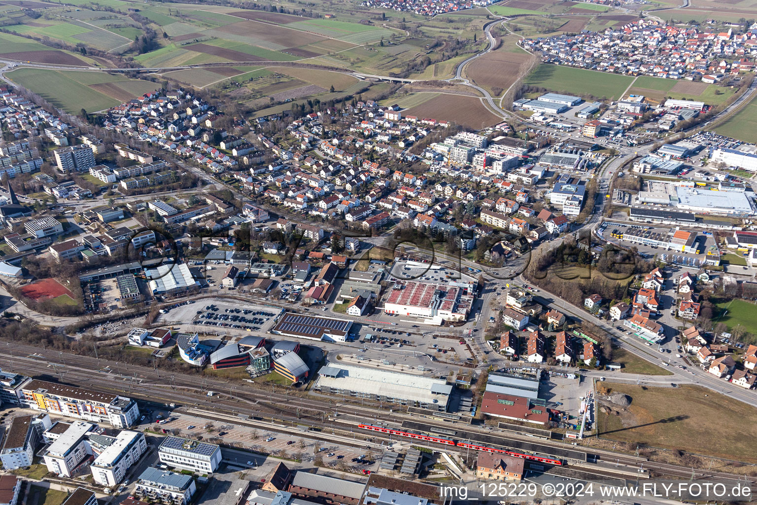 Aerial view of Railroad station in Herrenberg in the state Baden-Wuerttemberg, Germany