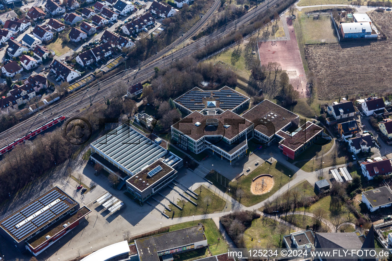 Aerial view of Andreae High School in Herrenberg in the state Baden-Wuerttemberg, Germany