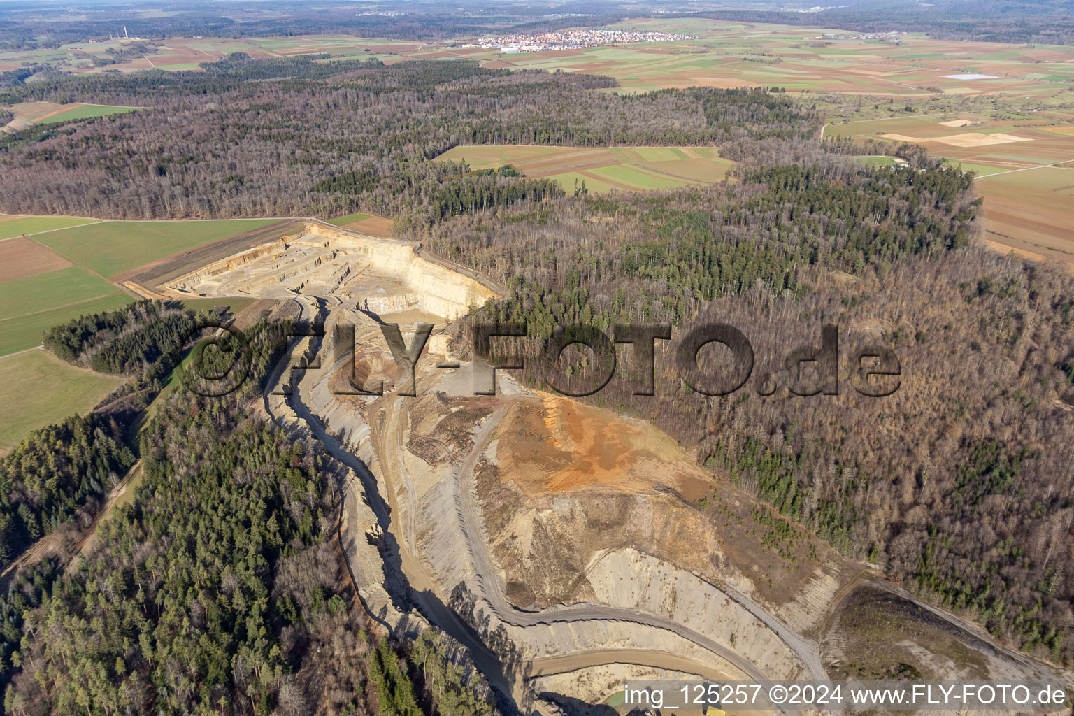 Quarry, Georg Mast gravel works, landfill in the district Sulz am Eck in Wildberg in the state Baden-Wuerttemberg, Germany seen from above