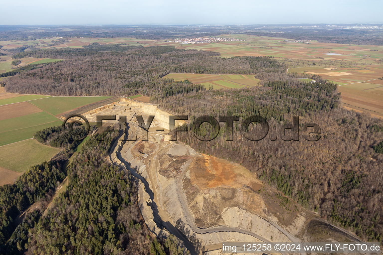Aerial view of Quarry, Georg Mast gravel works, earth dump in Wildberg in the state Baden-Wuerttemberg, Germany
