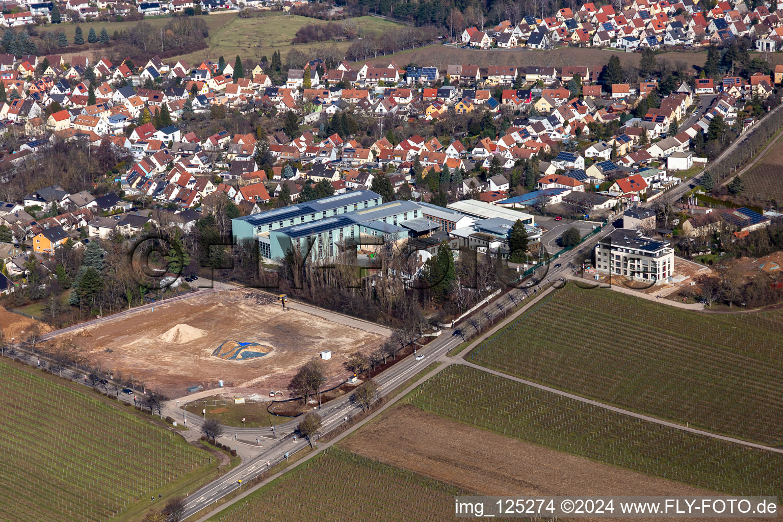 Aerial view of Wickert Maschinenbau and former Hofmeister bakery at Wollmesheimer Höhe in Landau in der Pfalz in the state Rhineland-Palatinate, Germany