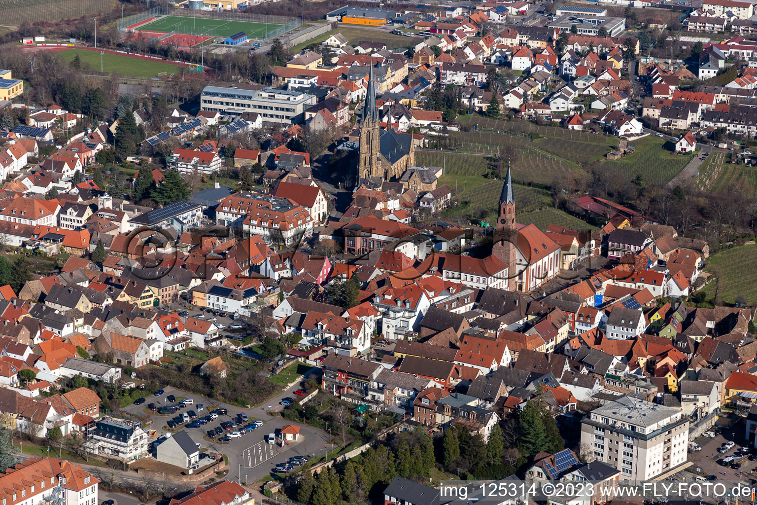 Edenkoben in the state Rhineland-Palatinate, Germany seen from a drone