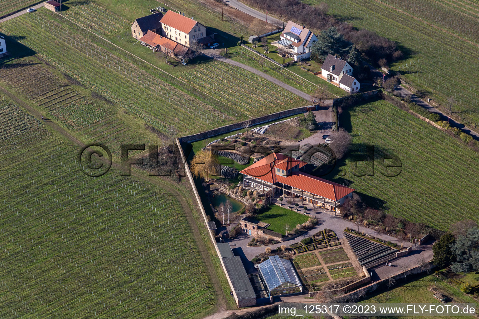 Aerial view of Klosterstr in Edenkoben in the state Rhineland-Palatinate, Germany