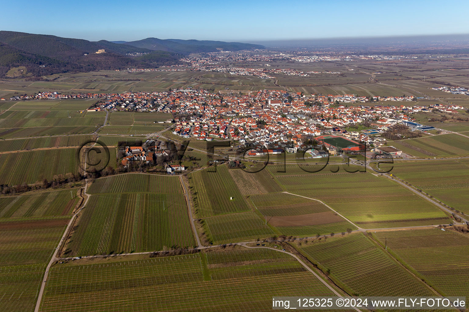 Aerial view of District Alsterweiler in Maikammer in the state Rhineland-Palatinate, Germany