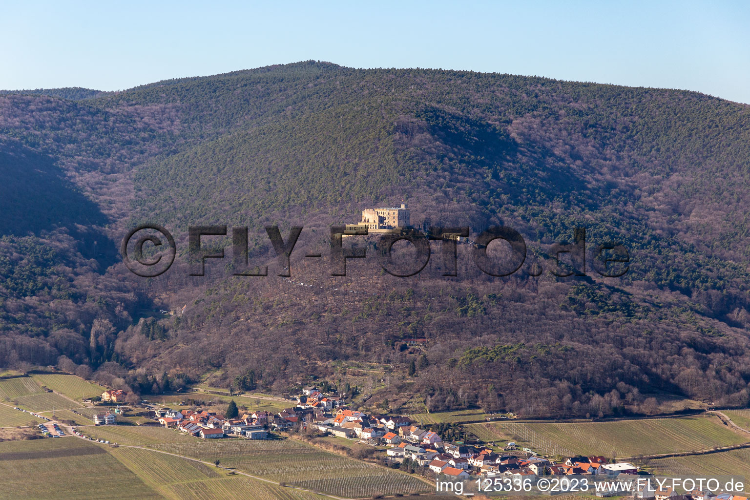 Drone recording of Hambach Castle in the district Diedesfeld in Neustadt an der Weinstraße in the state Rhineland-Palatinate, Germany