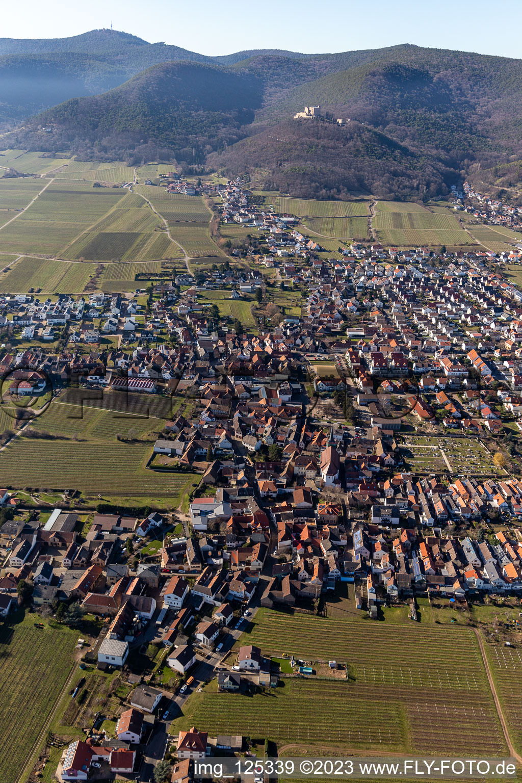 District Diedesfeld in Neustadt an der Weinstraße in the state Rhineland-Palatinate, Germany viewn from the air