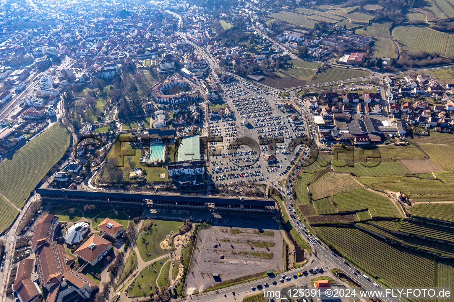 Aerial view of Graduation building, Salinarium leisure pool in the district Pfeffingen in Bad Dürkheim in the state Rhineland-Palatinate, Germany