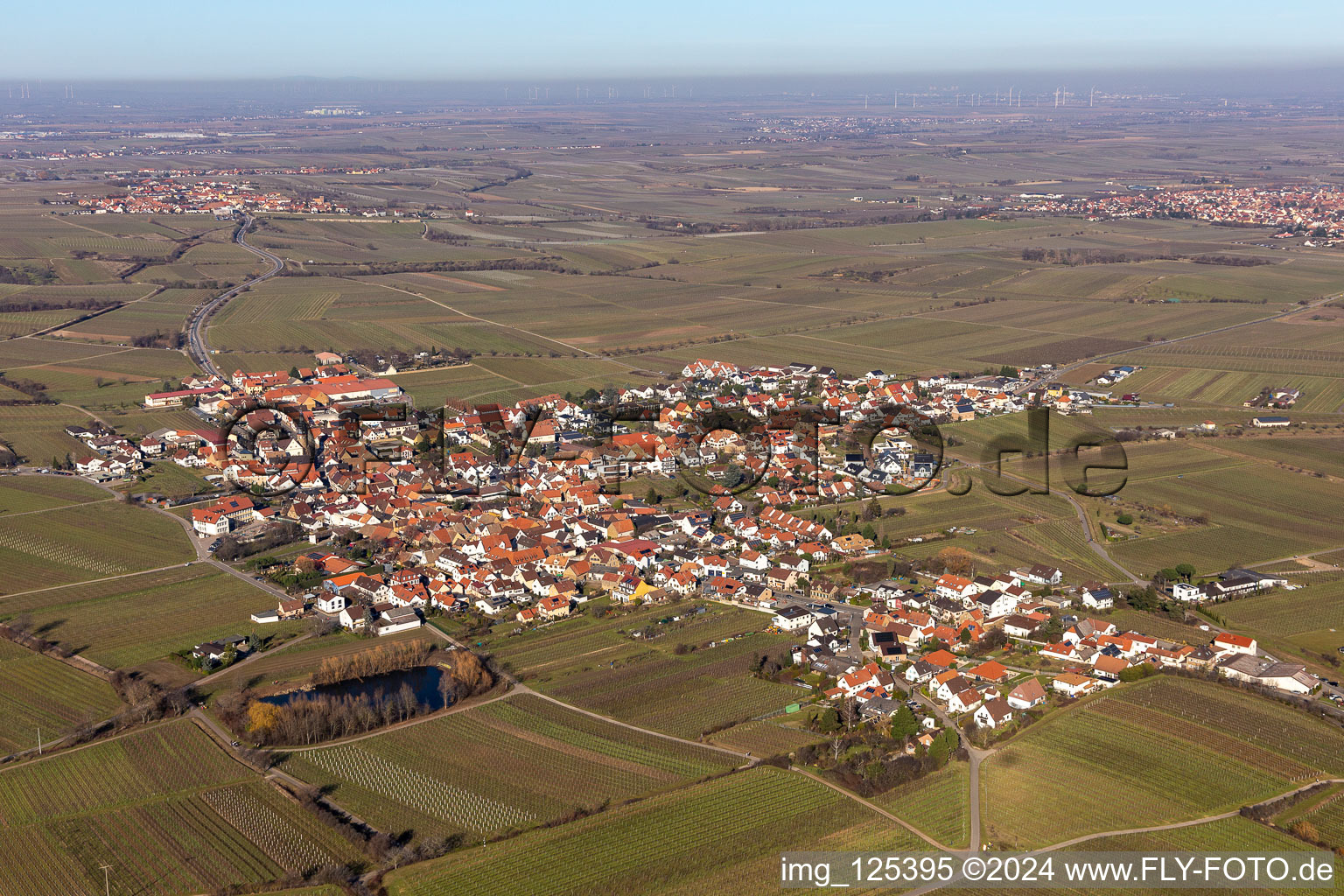 City view from the downtown area with the outskirts with adjacent agricultural fields in Kallstadt in the state Rhineland-Palatinate, Germany