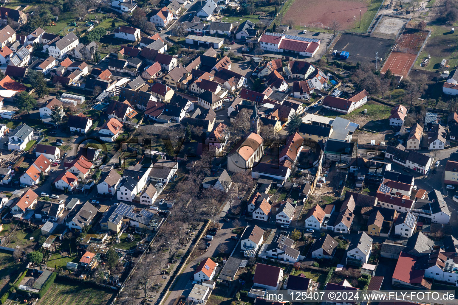 Aerial view of Protestant St. Mary's Church Erpolzheim in Erpolzheim in the state Rhineland-Palatinate, Germany