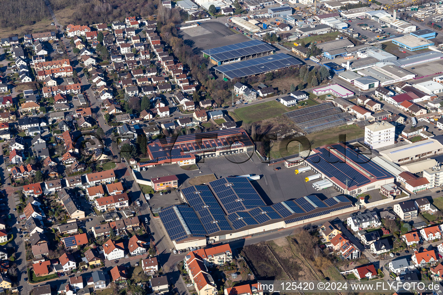 Aerial view of Building of the wholesale center Willi Sinn Fruechtegrosshandel GmbH in Maxdorf in the state Rhineland-Palatinate, Germany