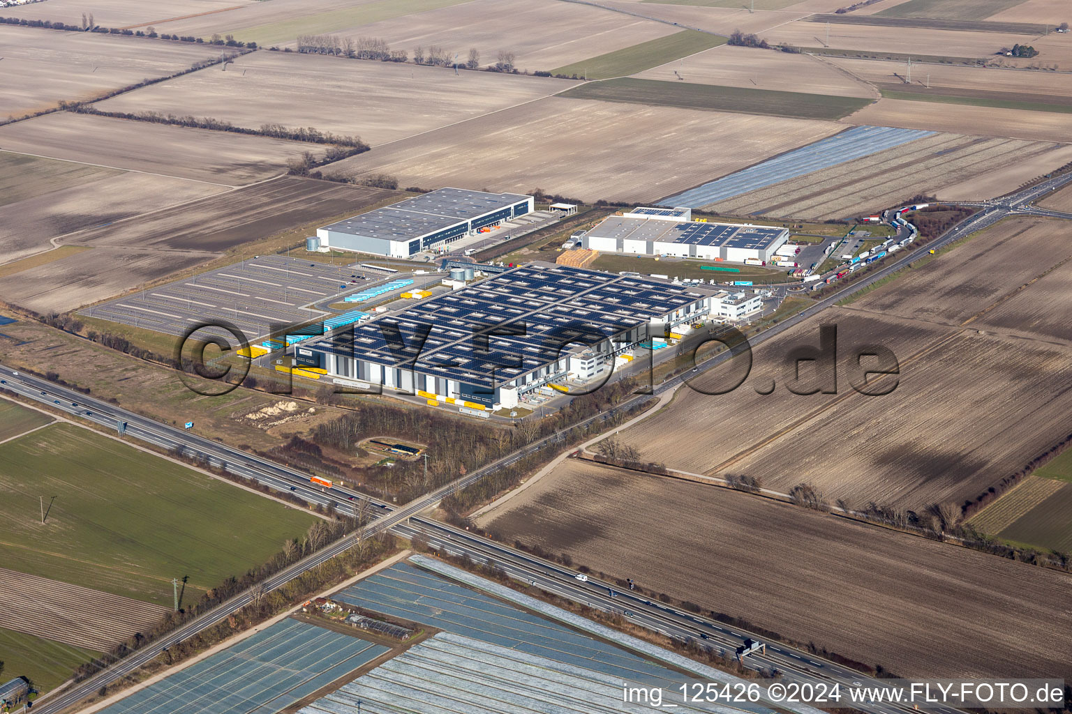 Aerial view of Building complex and grounds of the logistics center of Amazon Logistik Frankenthal GmbH in Frankenthal in the state Rhineland-Palatinate, Germany