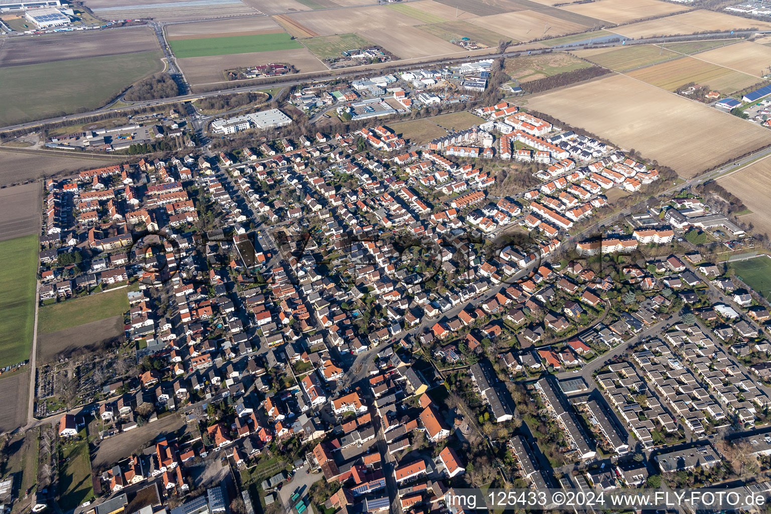 Aerial view of Oggersheimer Street in the district Ruchheim in Ludwigshafen am Rhein in the state Rhineland-Palatinate, Germany