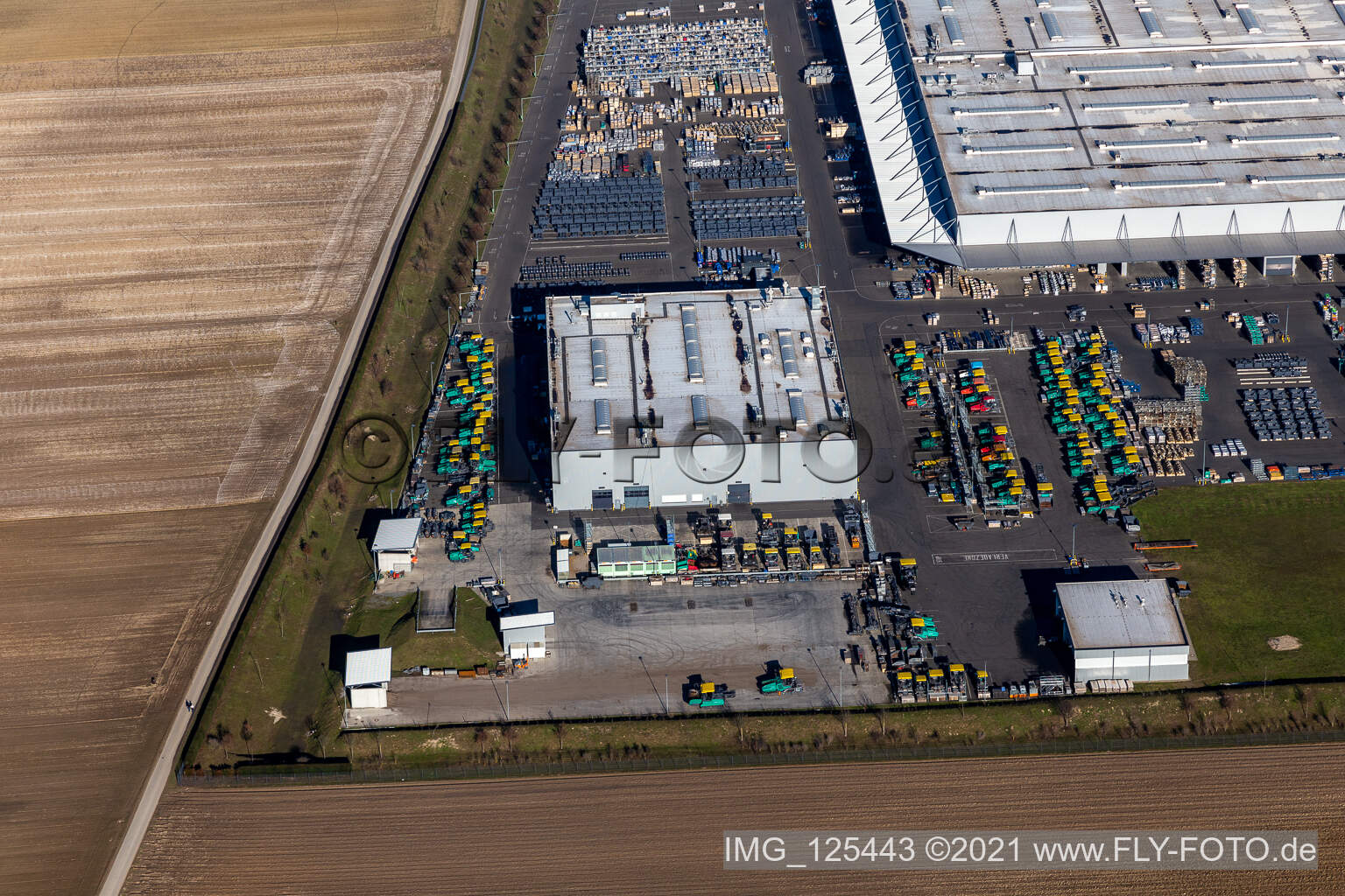 Aerial view of Buildings and production halls on the vehicle construction site of Joseph Voegele AG in the district Rheingoenheim in Ludwigshafen am Rhein in the state Rhineland-Palatinate, Germany