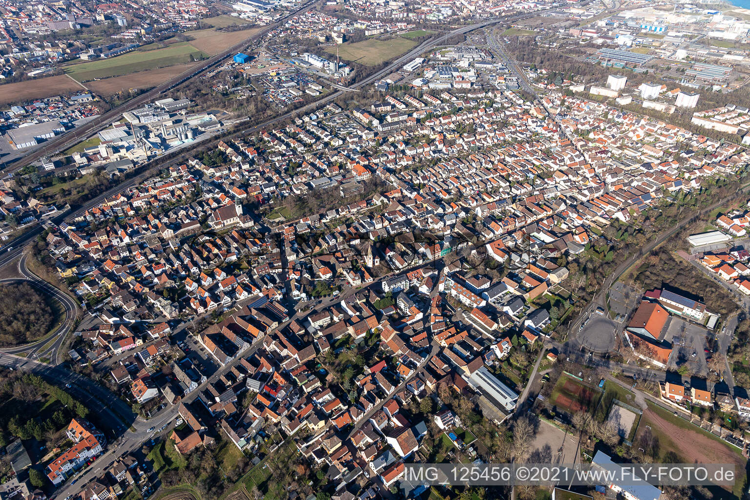 Agricultural land and field boundaries surround the settlement area of the village in Schuttern in the state Baden-Wuerttemberg, Germany