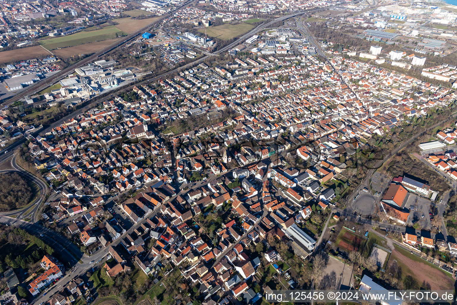 Agricultural land and field boundaries surround the settlement area of the village in Schuttern in the state Baden-Wuerttemberg, Germany