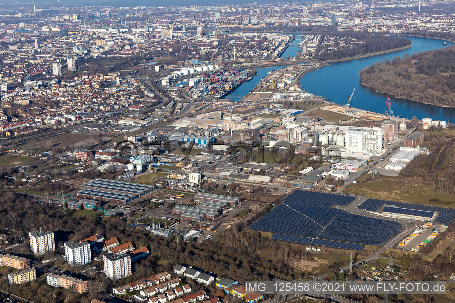 Aerial view of Industrial and commercial area in the district Rheingoenheim in Ludwigshafen am Rhein in the state Rhineland-Palatinate, Germany
