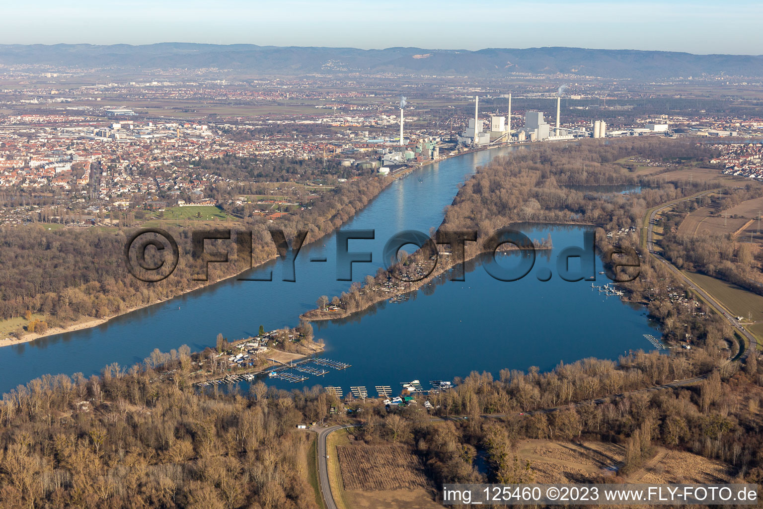 Aerial view of Pine pond in the district Rheingönheim in Ludwigshafen am Rhein in the state Rhineland-Palatinate, Germany
