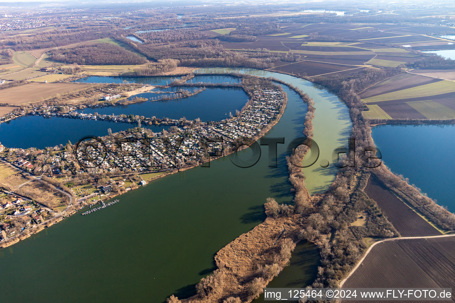 Riparian areas on the lake area of Blaue Adria and the old rhine of Neuhofen with leisure area in Altrip in the state Rhineland-Palatinate