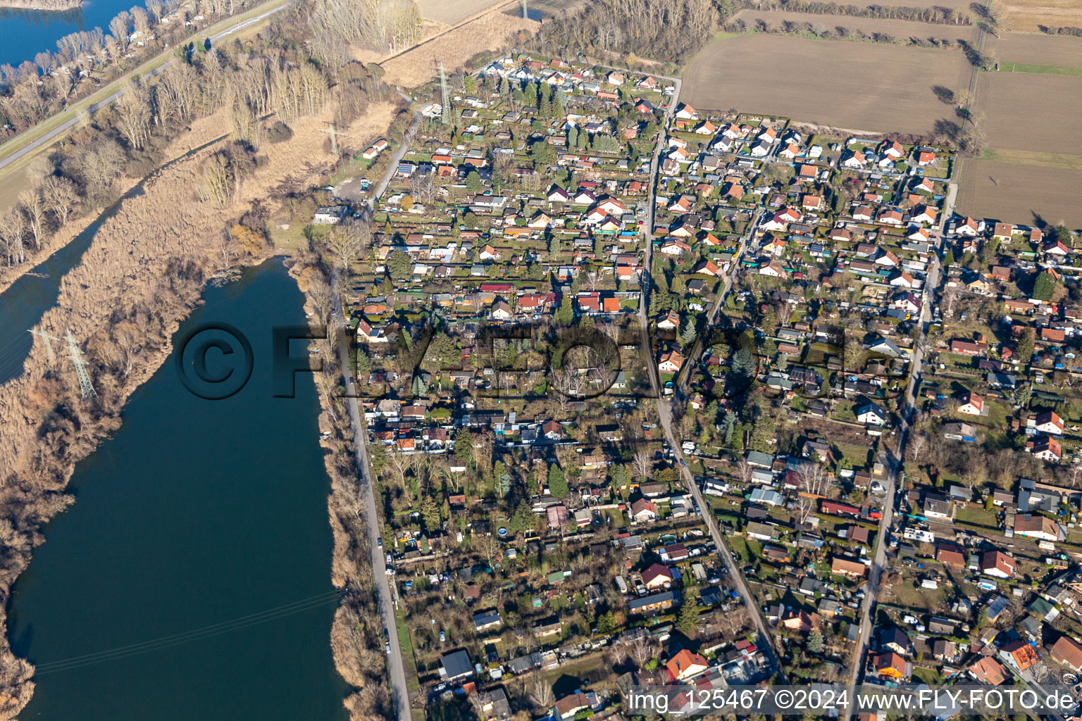 Aerial view of Neuhofener Altrhein and Blue Adriatic recreation area in Altrip in the state Rhineland-Palatinate, Germany